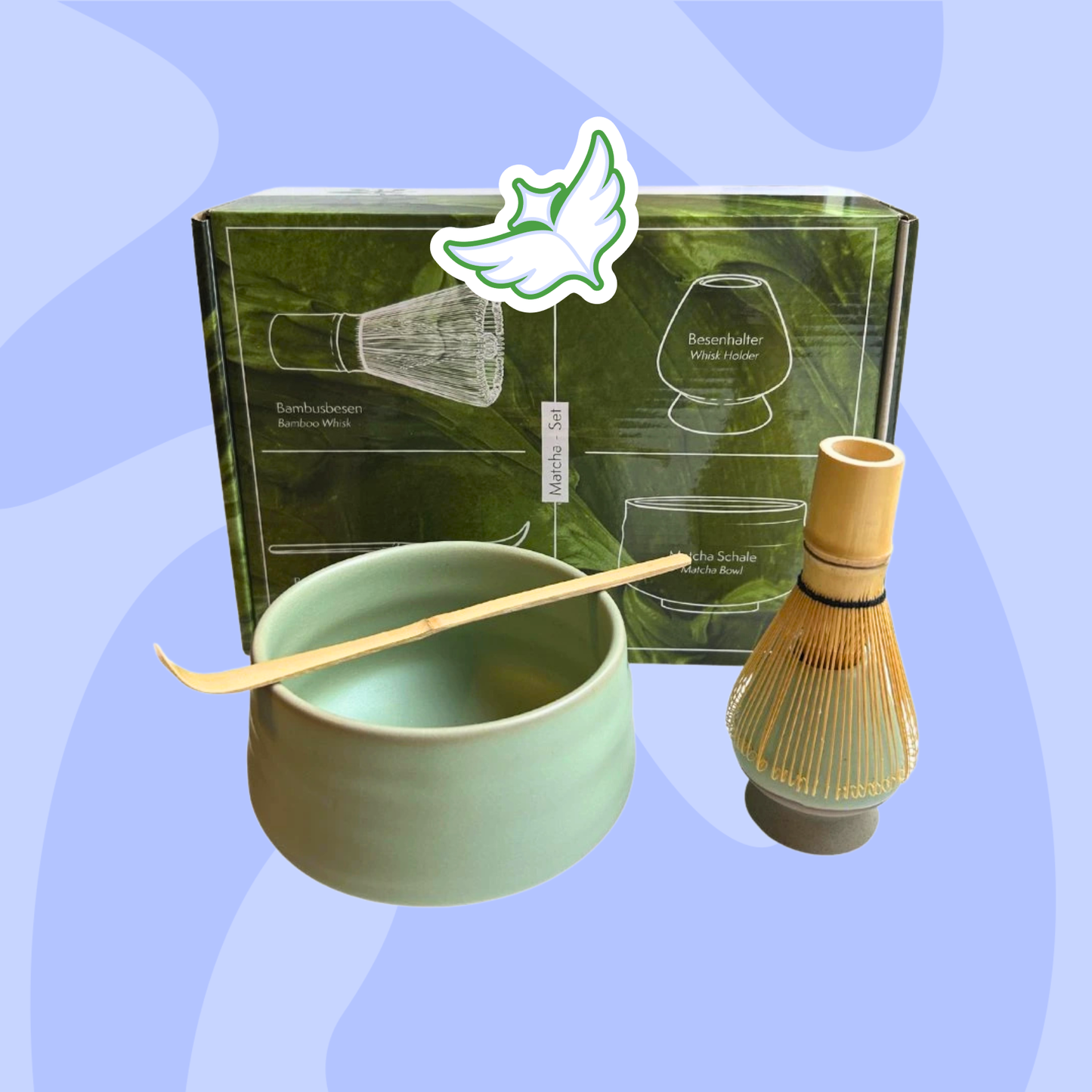 Čajový set matcha (chasen, chashaku, chawan miska, stojánek)